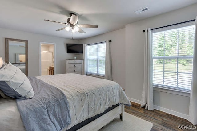 328 Peregrine Pl, Louisa, VA 23093 - bedroom with wood finished floors, ceiling fan, and connected bathroom