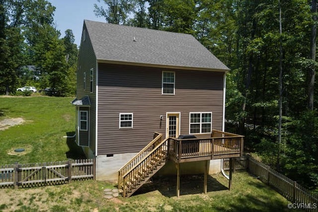 328 Peregrine Pl, Louisa, VA 23093 - rear view of house featuring a deck, stairway, a fenced backyard, and crawl space