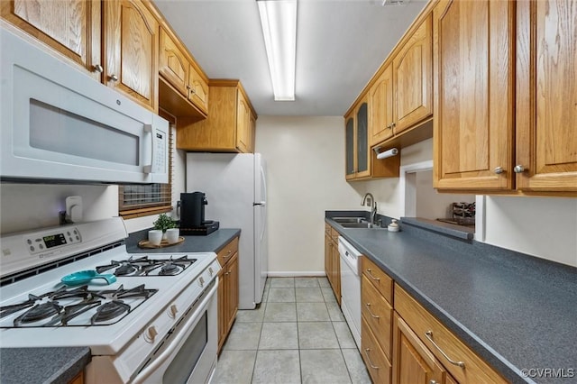 11605 E Briar Patch Dr, Midlothian, VA 23113 - kitchen with white appliances, a sink, dark countertops, and glass insert cabinets