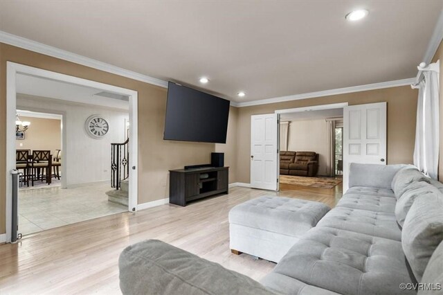 3301 E Princeton Rd, Petersburg, VA 23805 - living room with ornamental molding, baseboards, recessed lighting, a chandelier, and light wood-type flooring