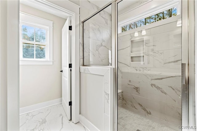 9027 Pine Hill Rd, Mechanicsville, VA 23116 - bathroom featuring marble finish floors, plenty of natural light, a marble finish shower, and baseboards