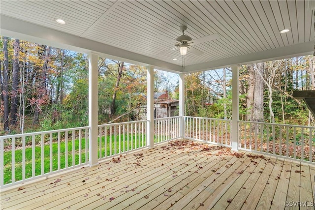 9027 Pine Hill Rd, Mechanicsville, VA 23116 - wooden deck featuring ceiling fan, a yard, and view of scattered trees