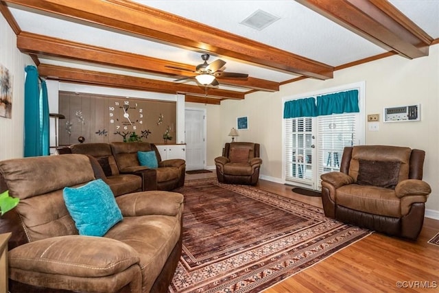 5120 Monza Ct, North Chesterfield, VA 23234 - living room featuring wood finished floors, beam ceiling, baseboards, and ceiling fan