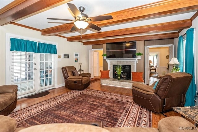 5120 Monza Ct, North Chesterfield, VA 23234 - living area featuring beamed ceiling, wood finished floors, a ceiling fan, a premium fireplace, and baseboards