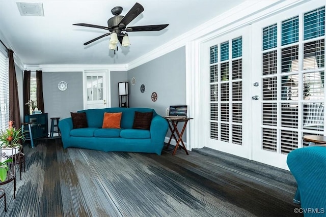 5120 Monza Ct, North Chesterfield, VA 23234 - living area featuring ornamental molding, wood finished floors, and a ceiling fan