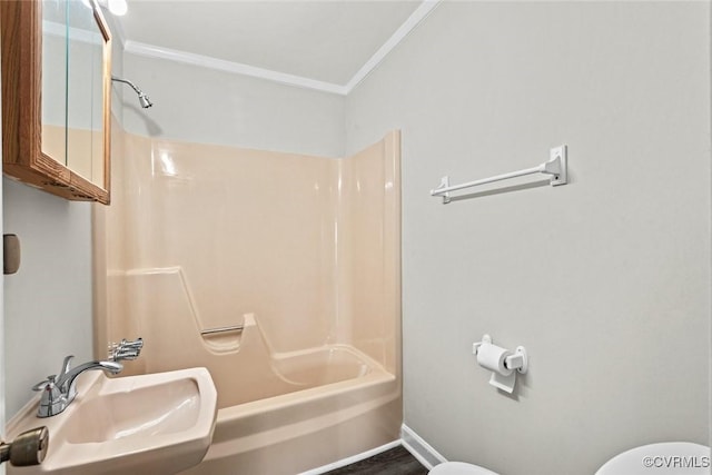 4706 Leadenhall Dr, Chesterfield, VA 23234 - bathroom featuring toilet, crown molding, a sink, and washtub / shower combination