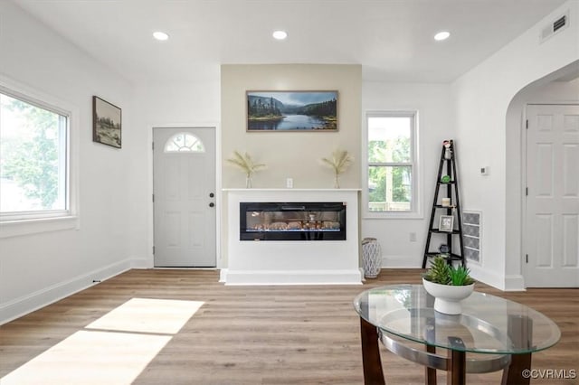 215 S S St, Petersburg, VA 23803 - living room with plenty of natural light, light wood-style floors, recessed lighting, baseboards, and a glass covered fireplace
