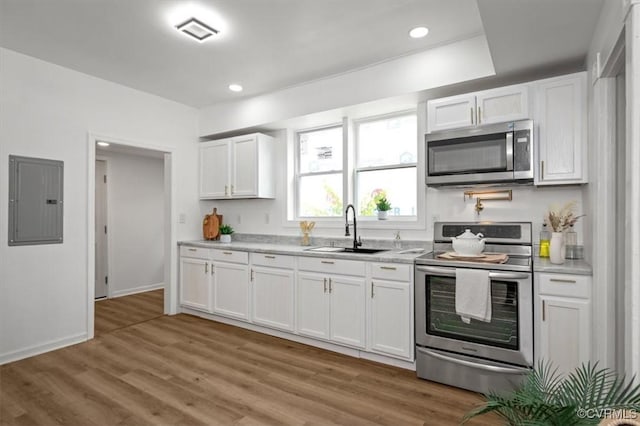 215 S S St, Petersburg, VA 23803 - kitchen featuring stainless steel appliances, a sink, electric panel, light countertops, and white cabinetry