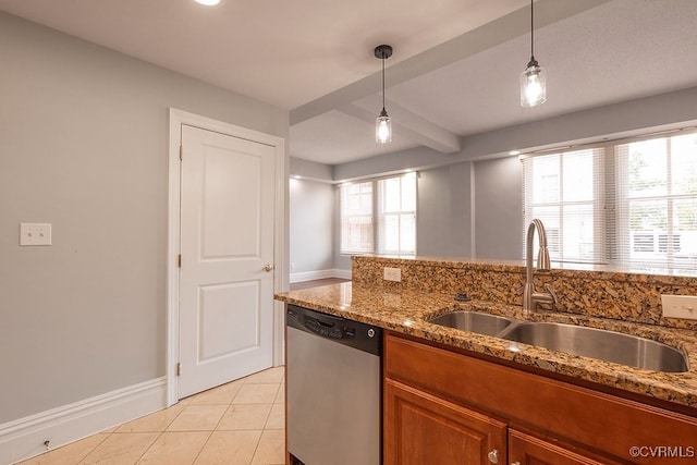 6 N 6th St Unit U3C, Richmond, VA 23219 - kitchen with dishwasher, a sink, baseboards, brown cabinets, and light tile patterned flooring