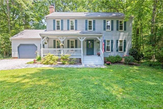 14000 Autumn Woods Rd, Midlothian, VA 23112 - colonial-style house with a porch, a chimney, a garage, a front lawn, and gravel driveway