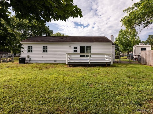5810 Gunsight Ct, North Chesterfield, VA 23237 - back of property featuring crawl space, a wooden deck, a chimney, and central AC