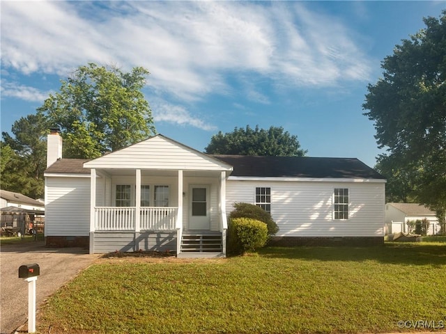 5810 Gunsight Ct, North Chesterfield, VA 23237 - view of front of house with covered porch, crawl space, a front lawn, and a chimney