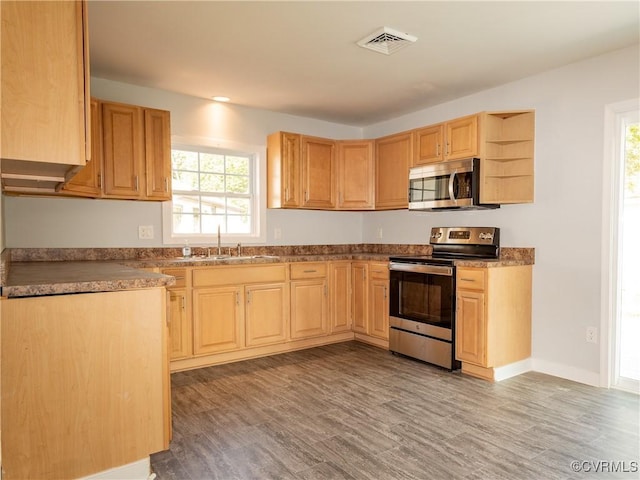 5810 Gunsight Ct, North Chesterfield, VA 23237 - kitchen with stainless steel appliances, a sink, wood finished floors, and light brown cabinetry