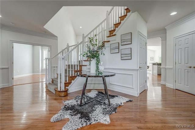 4307 Wilcot Dr, Midlothian, VA 23113 - foyer with stairs, wood finished floors, ornamental molding, and recessed lighting