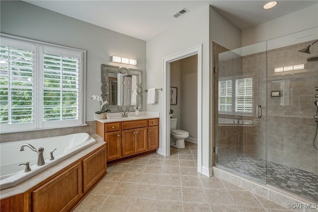 4307 Wilcot Dr, Midlothian, VA 23113 - full bathroom with vanity, a bath, a shower stall, toilet, and tile patterned floors
