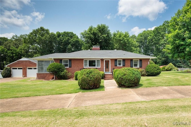 4212 Randolph Rd, North Chesterfield, VA 23236 - ranch-style house with brick siding, a front lawn, an outbuilding, and a chimney