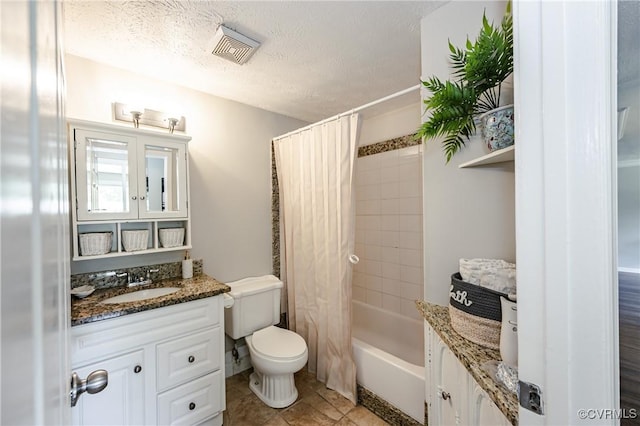 6406 Lothaire Ct, North Chesterfield, VA 23234 - bathroom featuring vanity, toilet, shower / tub combo, a textured ceiling, and tile patterned flooring