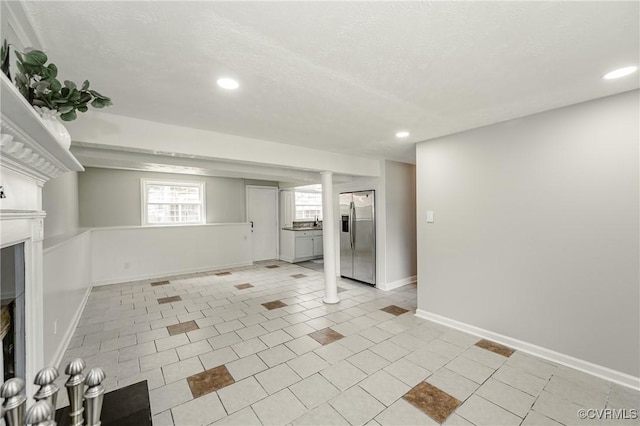 6406 Lothaire Ct, North Chesterfield, VA 23234 - unfurnished living room featuring a fireplace, recessed lighting, light tile patterned floors, baseboards, and a textured ceiling