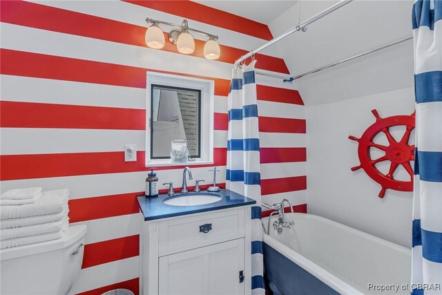1083 Ottoman Ferry Rd, Mollusk, VA 22503 - bathroom featuring a bathtub, vanity, toilet, and curtained shower