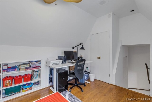 1083 Ottoman Ferry Rd, Mollusk, VA 22503 - home office featuring lofted ceiling, wood finished floors, and ceiling fan