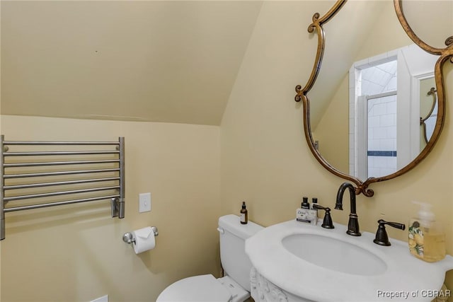 1083 Ottoman Ferry Rd, Mollusk, VA 22503 - bathroom featuring radiator, a sink, toilet, vaulted ceiling, and a shower
