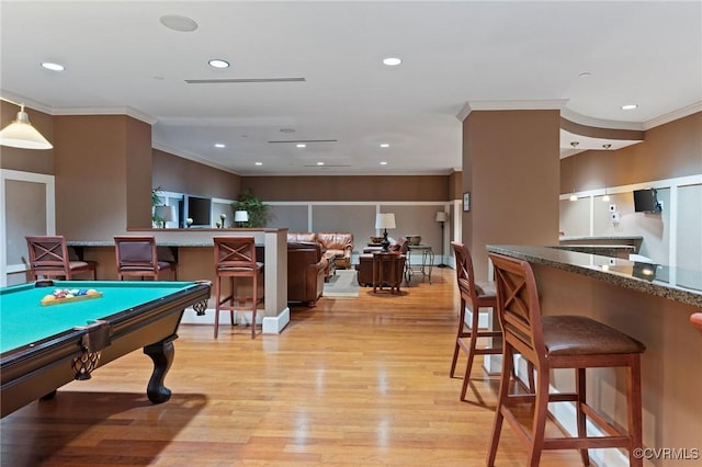 301 Virginia St Unit U806, Richmond, VA 23219 - rec room featuring ornamental molding, light wood-type flooring, recessed lighting, and billiards