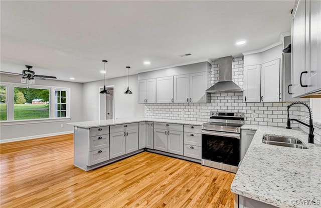 11517 Mount Hermon Rd, Ashland, VA 23005 - kitchen with wall chimney exhaust hood, stainless steel electric stove, a sink, gray cabinetry, and a peninsula