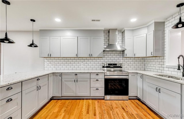 11517 Mount Hermon Rd, Ashland, VA 23005 - kitchen featuring wall chimney range hood, stainless steel electric stove, a sink, gray cabinets, and backsplash
