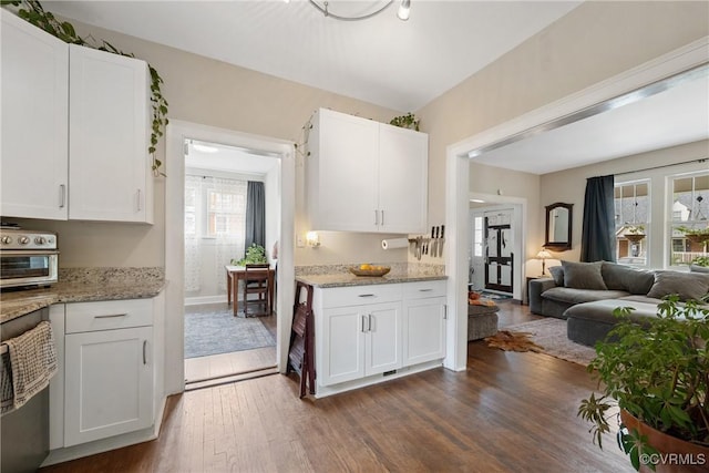 1942 Berkeley Ave, Petersburg, VA 23805 - kitchen featuring dishwasher, white cabinetry, dark wood finished floors, light stone counters, and open floor plan