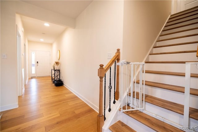 12194 Elnora Ln, Glen Allen, VA 23059 - stairs with wood finished floors, baseboards, and recessed lighting