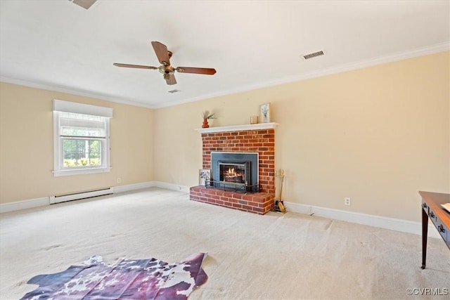 2861 Three Bridge Rd, Powhatan, VA 23139 - unfurnished living room featuring baseboard heating, ornamental molding, carpet floors, a ceiling fan, and a brick fireplace