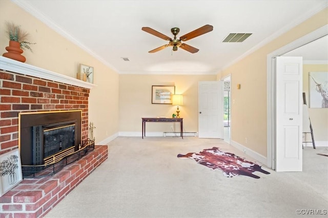 2861 Three Bridge Rd, Powhatan, VA 23139 - living area featuring carpet, ornamental molding, ceiling fan, and a brick fireplace
