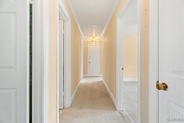 2861 Three Bridge Rd, Powhatan, VA 23139 - corridor featuring attic access, light colored carpet, baseboards, and crown molding