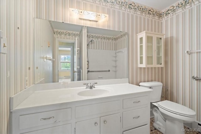 2861 Three Bridge Rd, Powhatan, VA 23139 - bathroom with wallpapered walls, vanity, and a shower