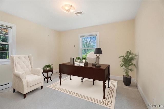 2861 Three Bridge Rd, Powhatan, VA 23139 - carpeted office space with baseboards and a baseboard radiator