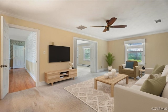 2861 Three Bridge Rd, Powhatan, VA 23139 - living area with a ceiling fan, ornamental molding, light colored carpet, and baseboard heating