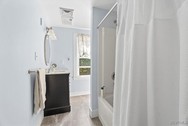 24405 N James Madison Hwy, New Canton, VA 23123 - full bath with vanity, shower / bath combination with curtain, tile patterned flooring, and baseboards