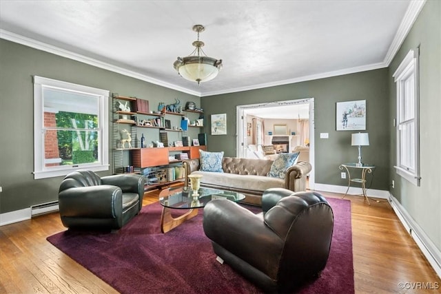 24405 N James Madison Hwy, New Canton, VA 23123 - living area featuring wood finished floors, a baseboard radiator, ornamental molding, and baseboards