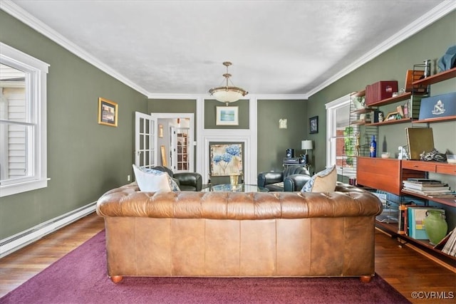 24405 N James Madison Hwy, New Canton, VA 23123 - living area with wood finished floors, crown molding, a baseboard radiator, an office area, and baseboards