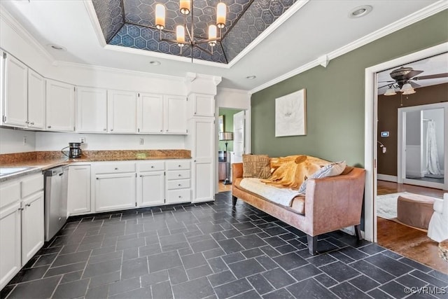 24405 N James Madison Hwy, New Canton, VA 23123 - kitchen featuring stainless steel dishwasher, a raised ceiling, white cabinetry, ornamental molding, and ceiling fan
