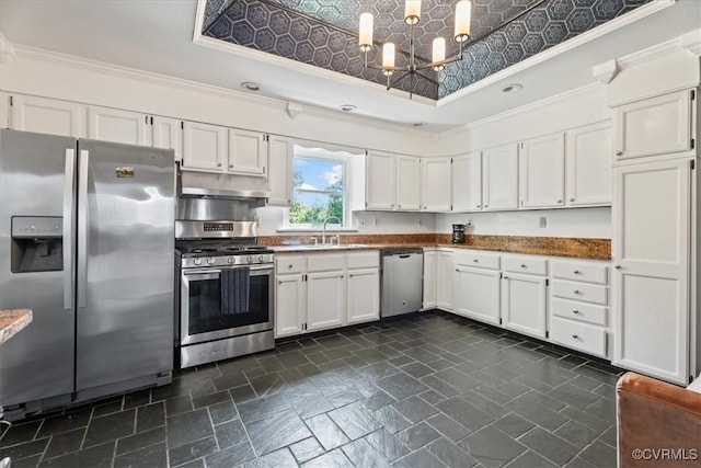 24405 N James Madison Hwy, New Canton, VA 23123 - kitchen featuring stainless steel appliances, a raised ceiling, white cabinets, under cabinet range hood, and crown molding