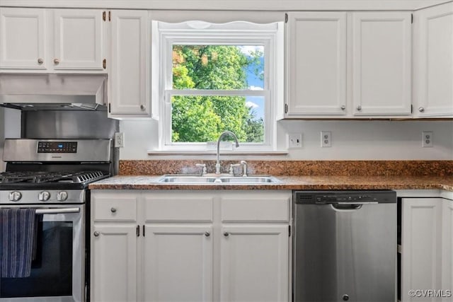 24405 N James Madison Hwy, New Canton, VA 23123 - kitchen with appliances with stainless steel finishes, a sink, white cabinetry, under cabinet range hood, and dark countertops