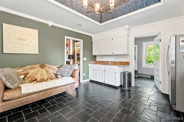 24405 N James Madison Hwy, New Canton, VA 23123 - living area with ornamental molding, a chandelier, baseboards, stone tile floors, and recessed lighting
