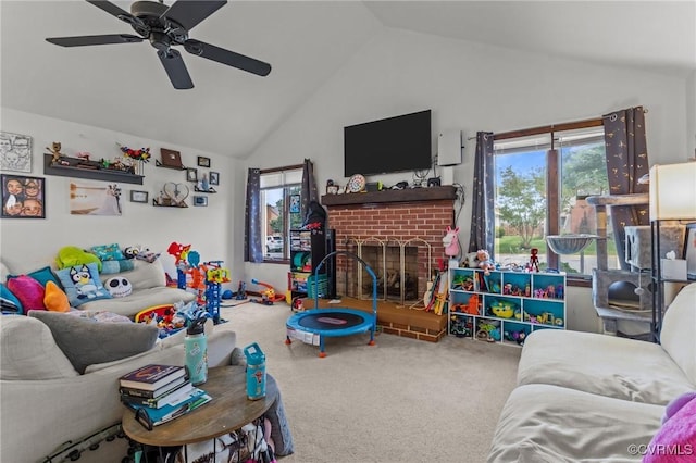 106 S Marion Ave Unit A, Hopewell, VA 23860 - living area with lofted ceiling, plenty of natural light, carpet floors, a fireplace, and a ceiling fan