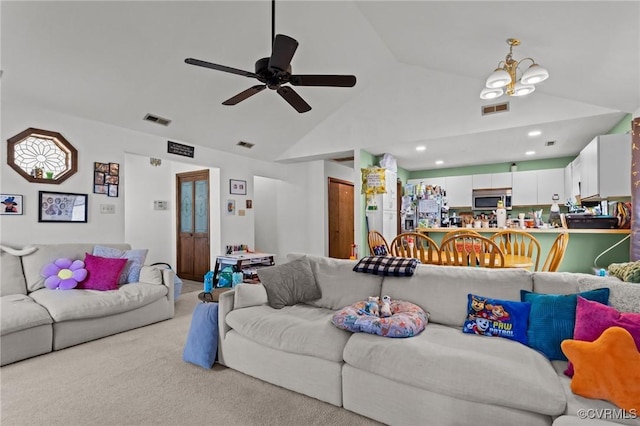 106 S Marion Ave Unit A, Hopewell, VA 23860 - living room featuring a ceiling fan, light colored carpet, recessed lighting, high vaulted ceiling, and a chandelier