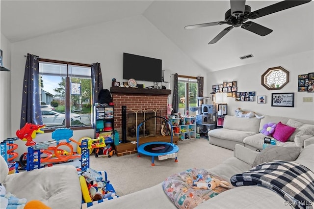 106 S Marion Ave Unit A, Hopewell, VA 23860 - carpeted living area featuring plenty of natural light, ceiling fan, a fireplace, and high vaulted ceiling