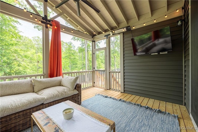 2401 Willowvale Pl, Midlothian, VA 23112 - sunroom featuring a ceiling fan, vaulted ceiling, and an outdoor living space