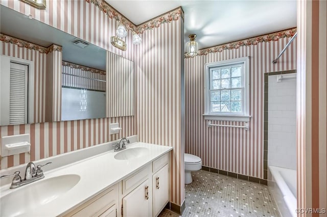 10108 Waltham Dr, Henrico, VA 23238 - bathroom featuring double vanity, wallpapered walls, shower / washtub combination, and tile patterned flooring