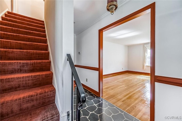 10108 Waltham Dr, Henrico, VA 23238 - stairway featuring wood finished floors and crown molding