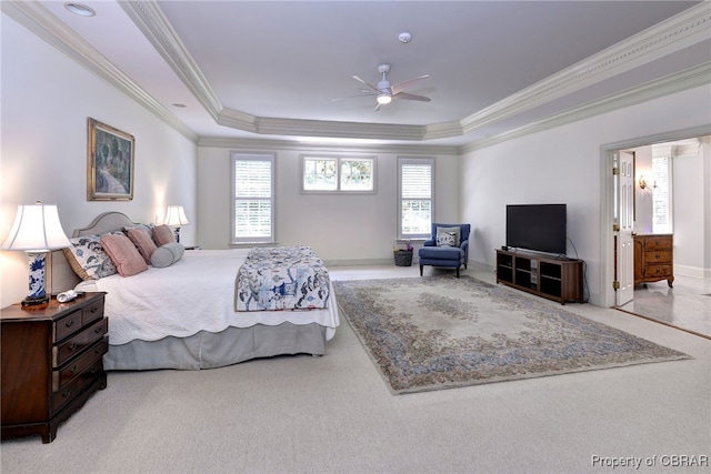 1921 Miln House Rd, Williamsburg, VA 23185 - carpeted bedroom with crown molding, a raised ceiling, baseboards, and a ceiling fan